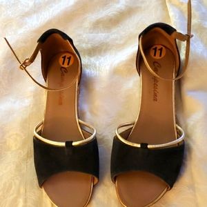 Faux Navy Blue Seude Flat Sandals with Gold Trim